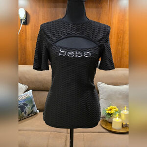 Bebe Black Textured Tee Rhinestone Logo